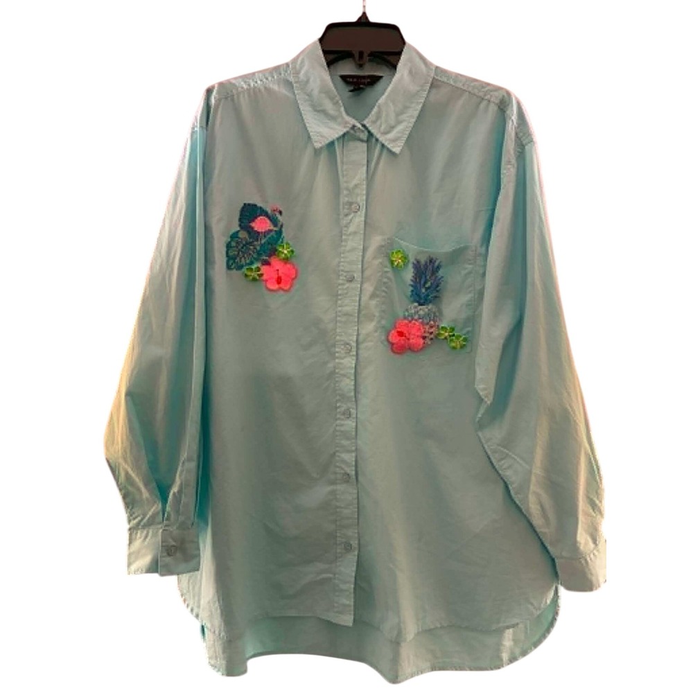 New Look Button Up Shirt Womens 10 Blue Flamingo Pineapple Tropical Hawaiian